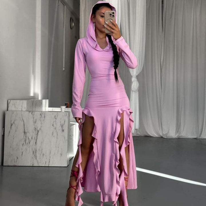 Maxi dress with long sleeves for women with hood and ruffle details Lune London