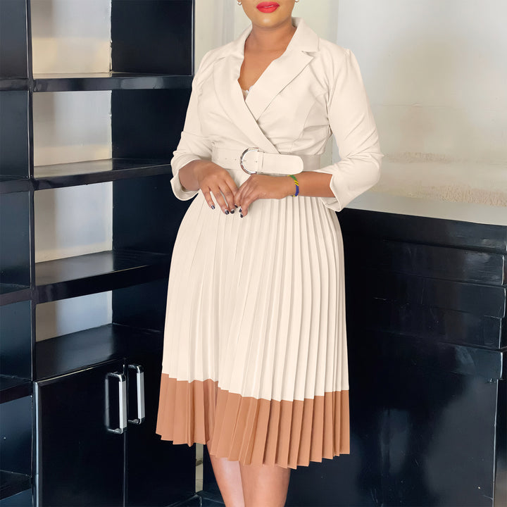 Elegant pleated dress for women with fitted blazer top and belt Lune London