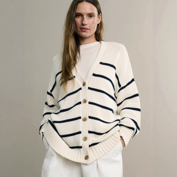 Knitted cardigan for women with V-neck and large stripes Lune London