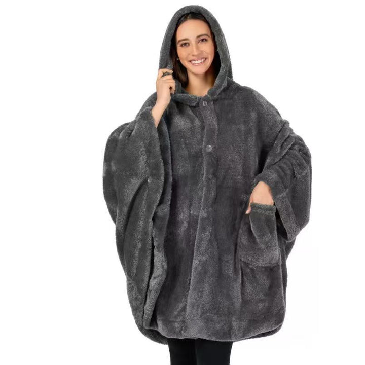 Ladies Comfortable Fleece Poncho with Hood and Practical Pockets Lune London