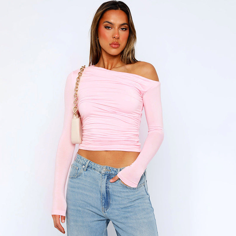 Stylish oversized shirt for women with offset collar and gathers Lune London
