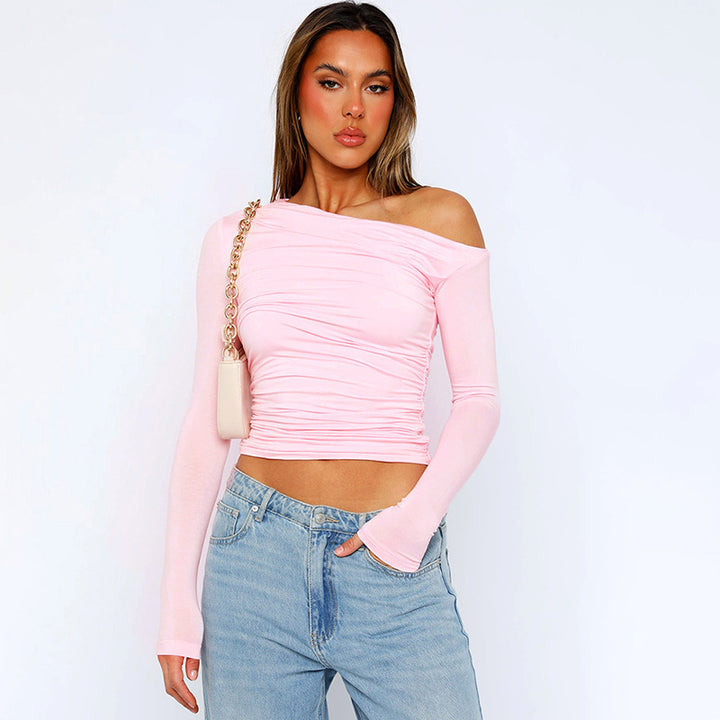 Stylish oversized shirt for women with offset collar and gathers Lune London