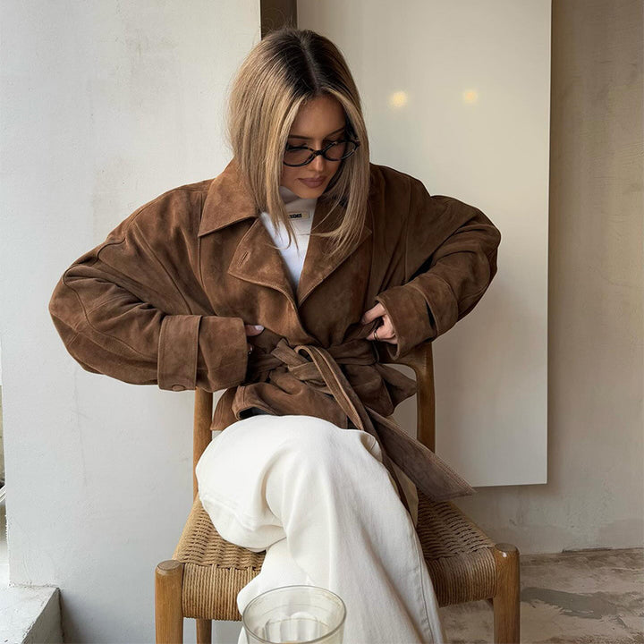 Ladies luxury suede jacket with adjustable belt and elegant lapels Lune London