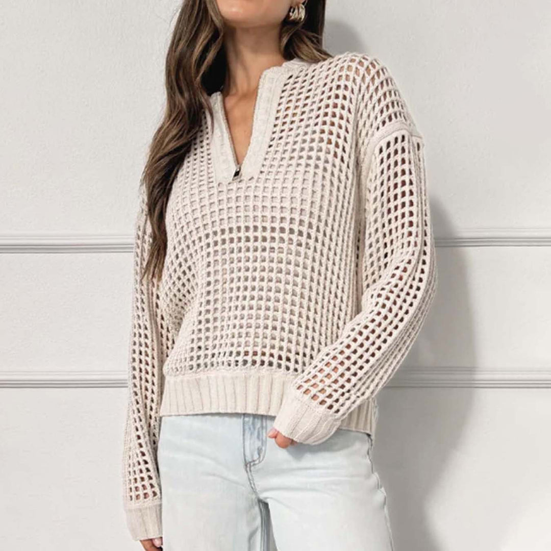 Casual knitted sweater for women with zipper and airy mesh structure Lune London