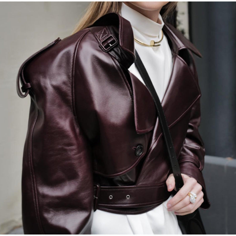 Trendy faux leather jacket for women with wide shoulders and classic collar Lune London