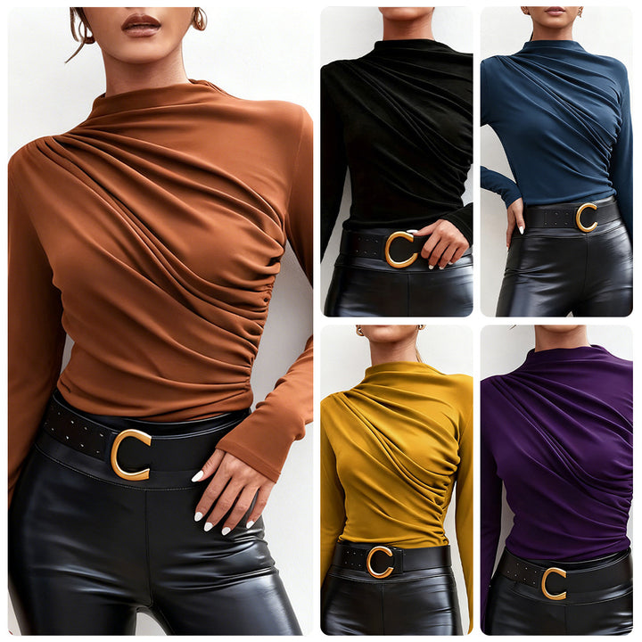 Ladies elegant long sleeve shirt with luxurious draping design and chic stand-up collar Lune London