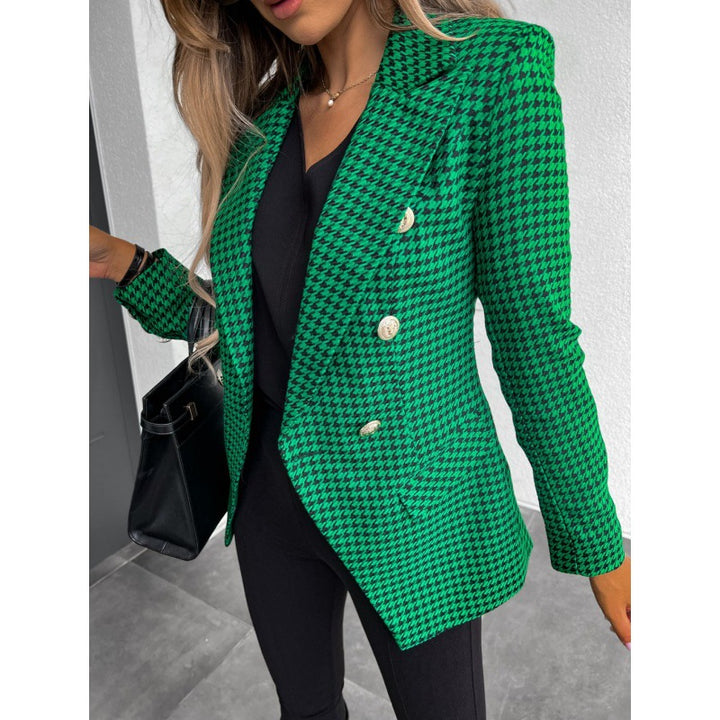 Plaid blazer for women with a modern design featuring a double row of buttons and chic elegant details.