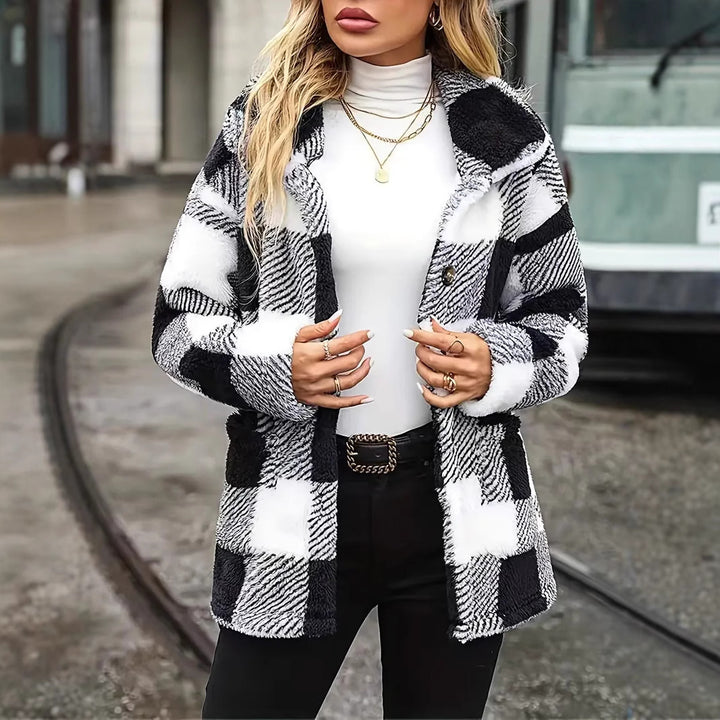Women Cozy Fleece Jacket with Individual Plaid Pattern Lune London