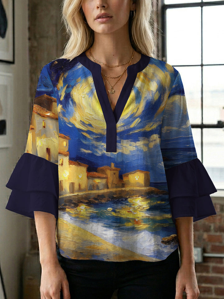 Women's casual blouse with ruffled sleeves and botanical print Lune London