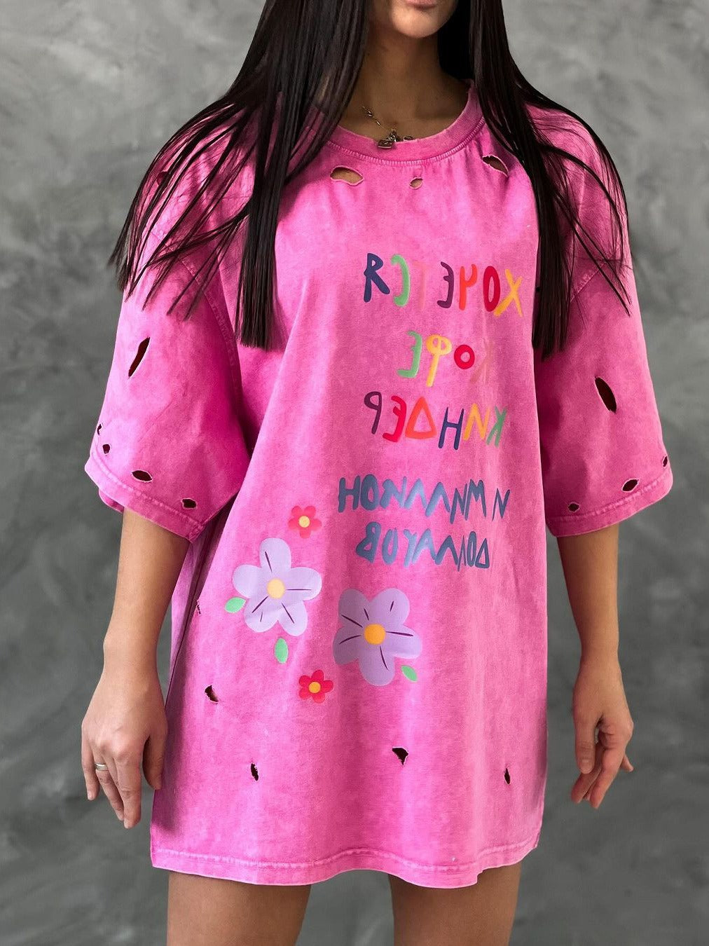 Oversized T-shirt dress for women with a unique graphic tear design Lune London