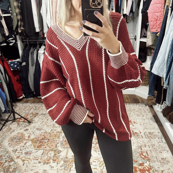 Casual knitted sweater for women with V-neck and wide stripes Lune London