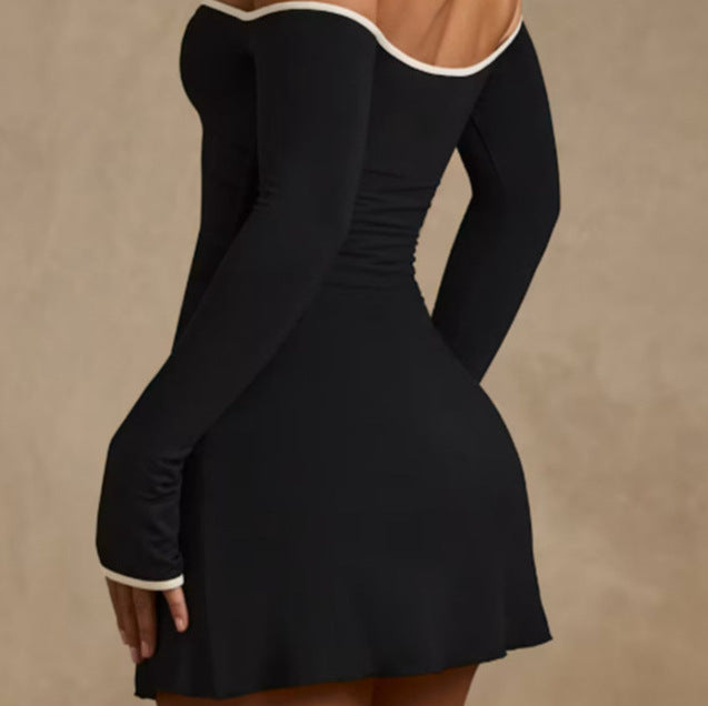 Mini off-shoulder dress for women with long sleeves and deep V-neck Lune London