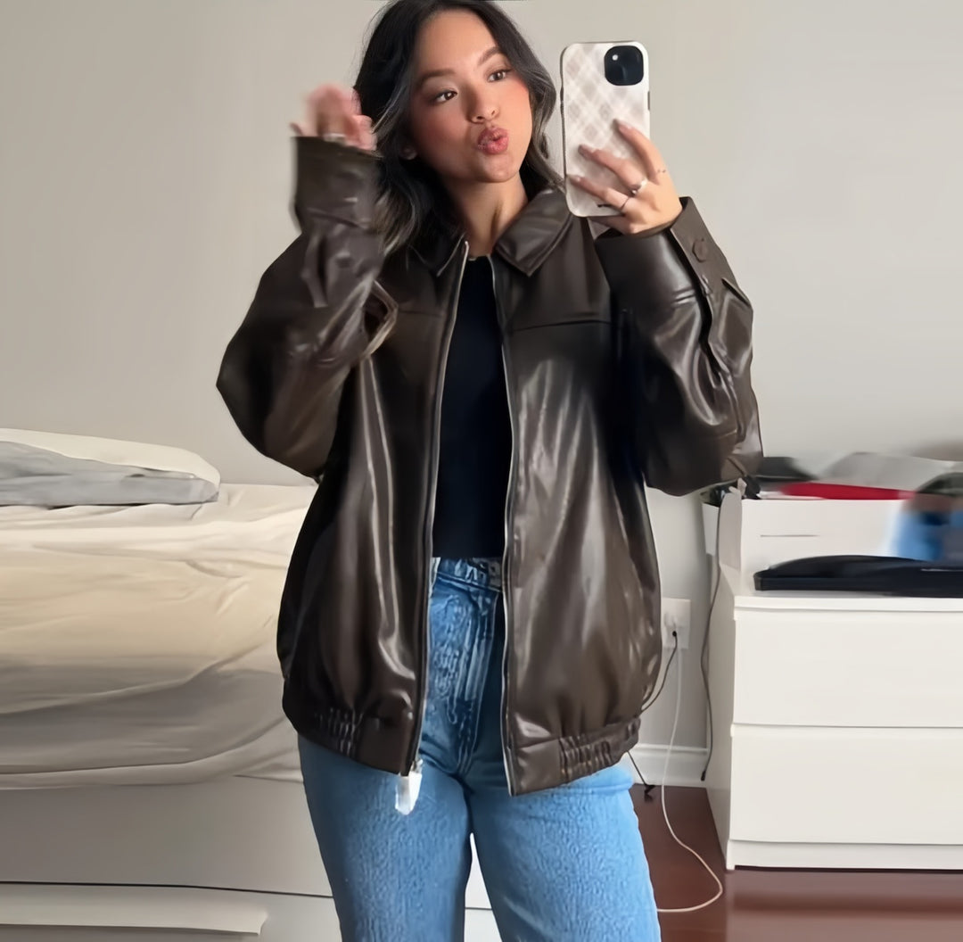 Oversized synthetic leather jacket for women with casual fit Lune London