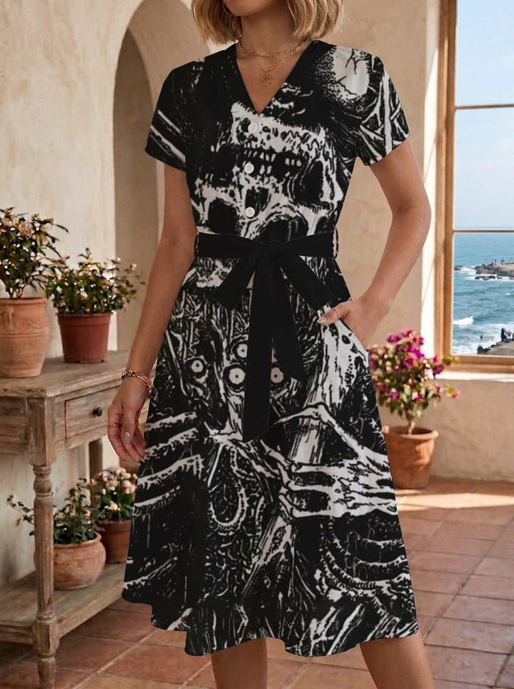 Women's Blooming Midi Dress with Adjustable Belt and Artistic Print Lune London