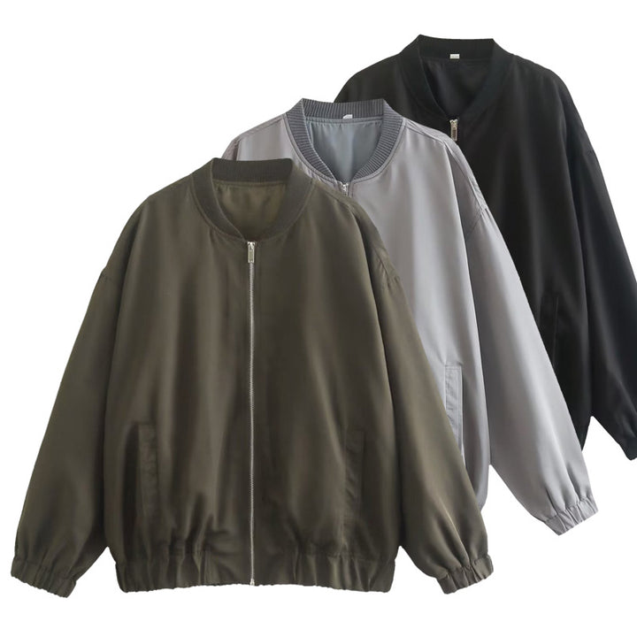 Casual bomber jacket for women in lightweight material with elastic hem and practical pockets Lune London