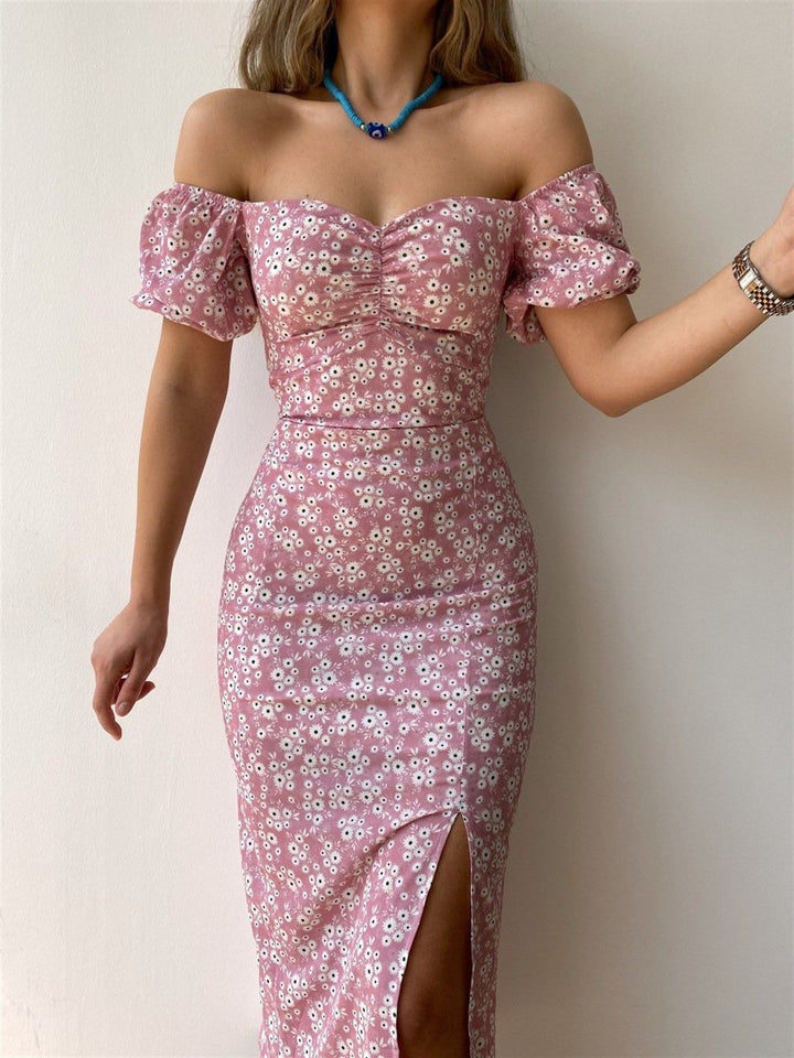 Maxi fitted dress for women with puff sleeves and floral design Chic & Stil