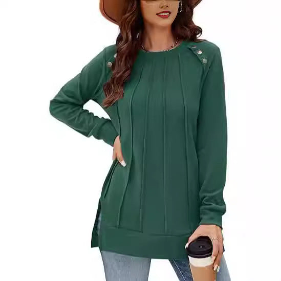 Ladies long sleeve T-shirt with decorative buttons and side slits Lune London