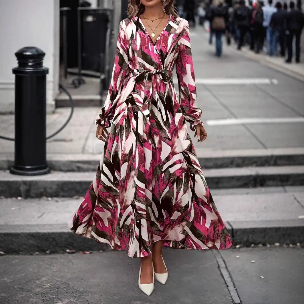 Ladies Elegant Maxi Dress with Floral Print and Chic Belt and Style