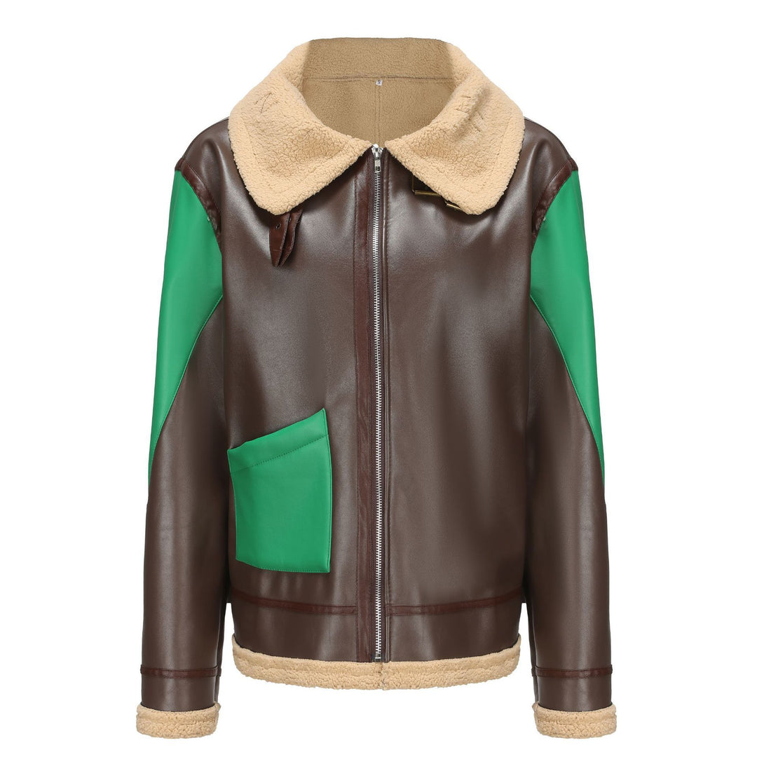 Trendy faux leather jacket for women with fur collar and contrasting details Lune London