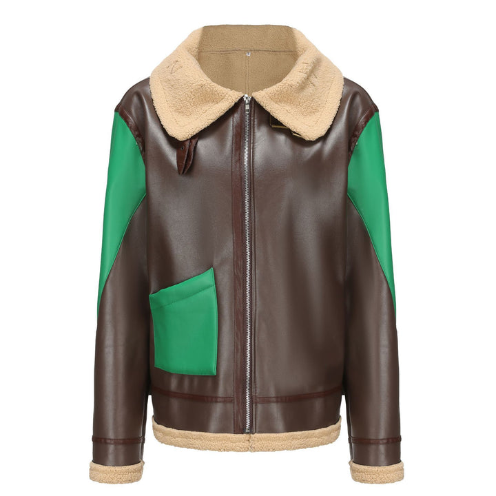 Trendy faux leather jacket for women with fur collar and contrasting details Lune London