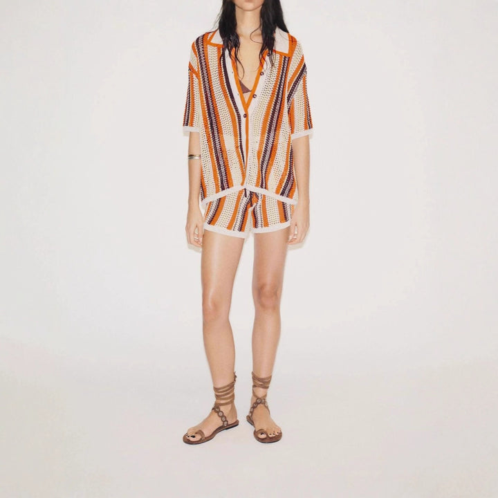 Thick knit shirt for women with short sleeves and contrasting stripes Lune London