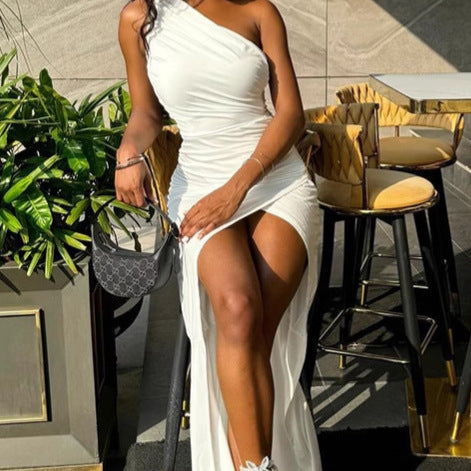 Elegant one-shoulder maxi dresses for women with side slit Lune London