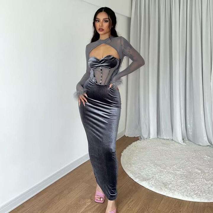Women’s maxi dress with innovative corset top and transparent sleeves Lune London