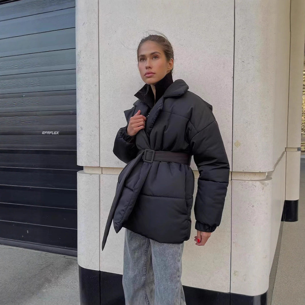 Quilted transition jacket for women with a belted waist and warm inner lining Lune London