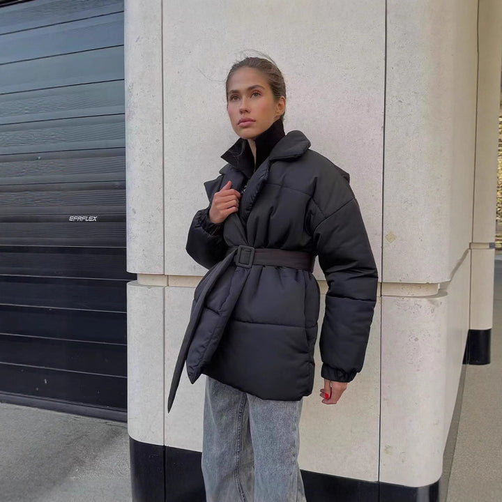 Quilted transition jacket for women with a belted waist and warm inner lining Lune London
