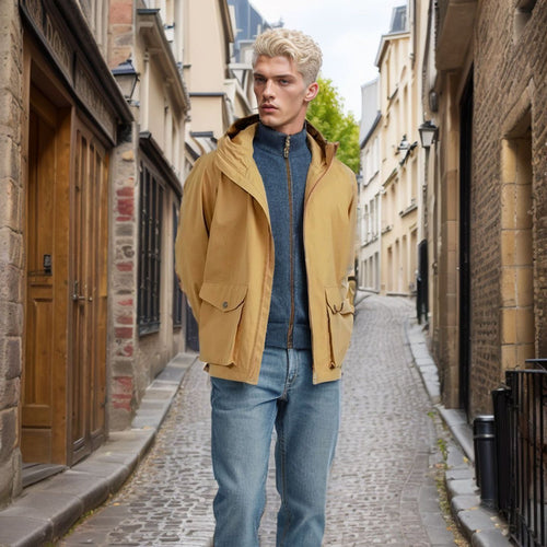 Functional transition jacket for men with adjustable hood collar Lune London