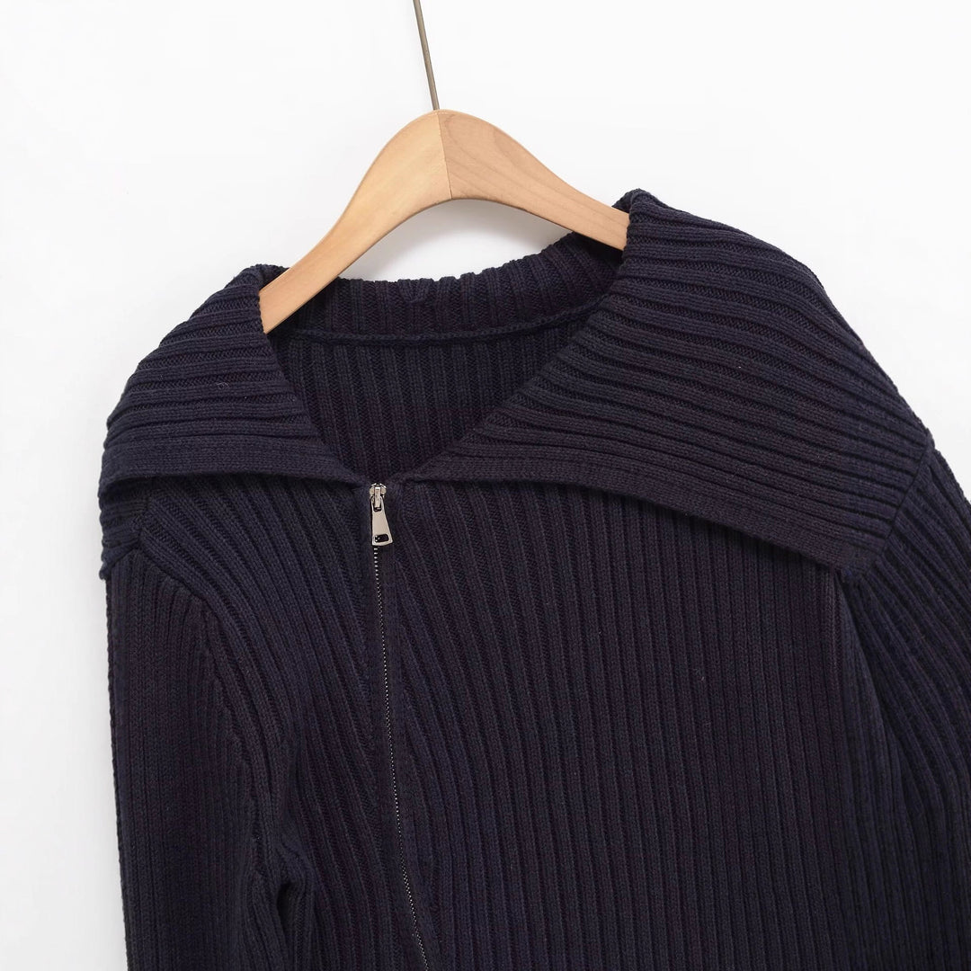 Ribbed knit jacket for women with large collar and asymmetric zipper Lune London