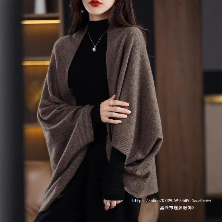 Ladies Large Knit Poncho with Modern Chic Roman Pattern and Style