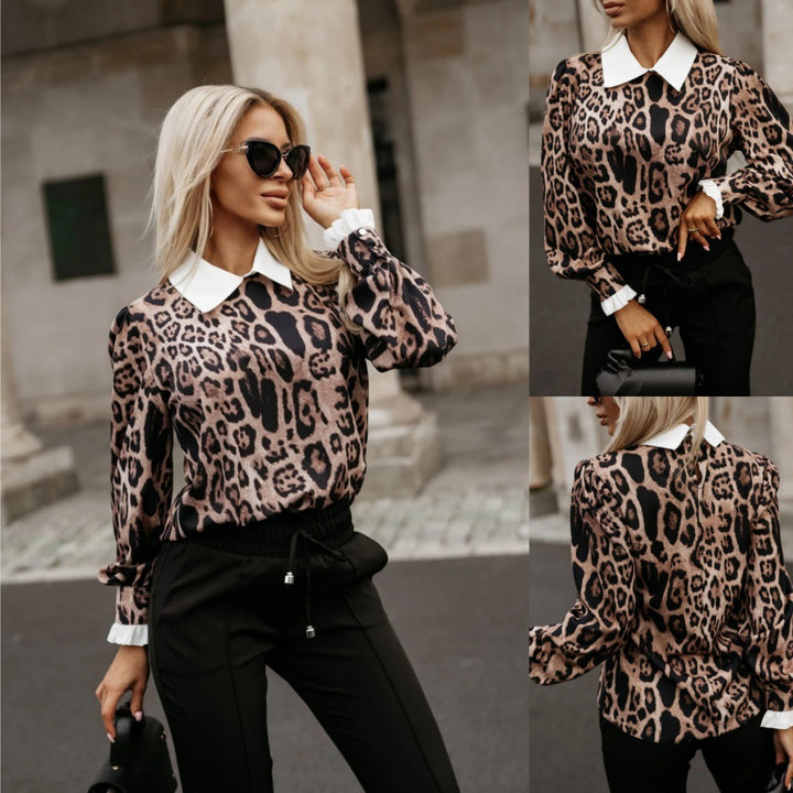 Fashionable women's blouse with a trendy leopard print and elegant collar embellishment Lune London