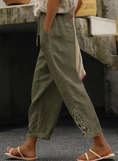 Airy linen trousers for ladies with decorative embroidery Lune London