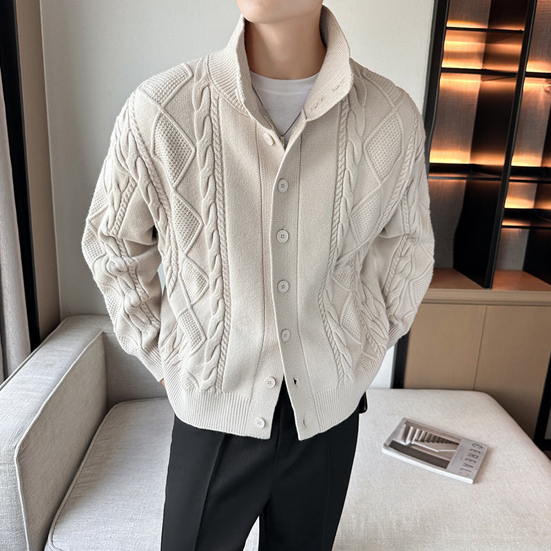 Chunky knit sweater for men with modern high collar and button placket Lune London