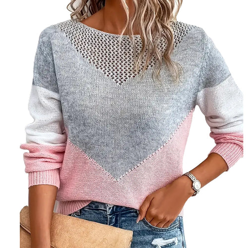 Ladies modern knit pullover with contrasting color blocks and V neck