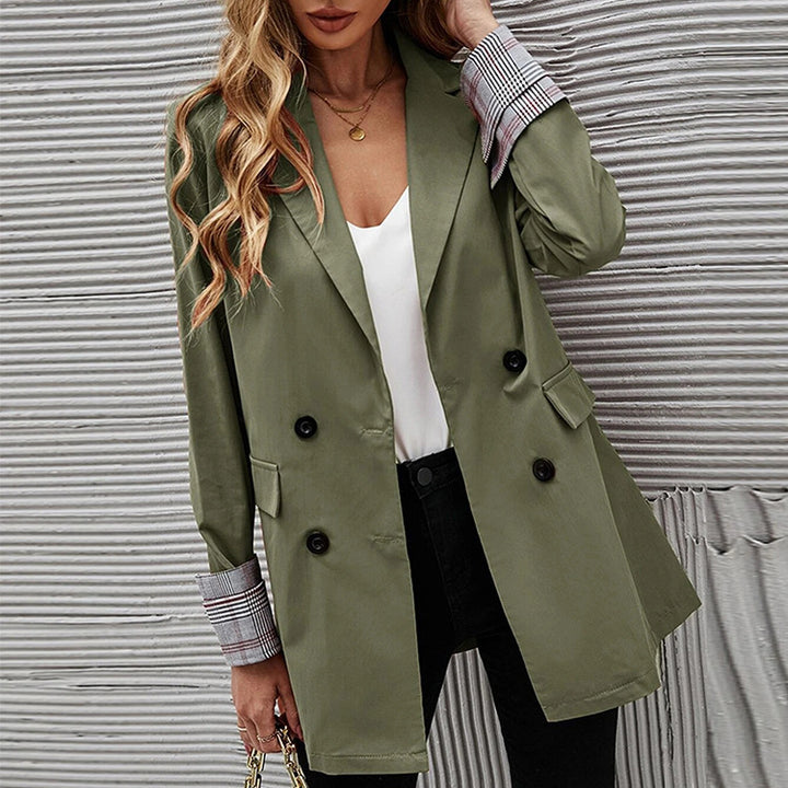 Women Elegant Double-Breasted Blazer with Chic Checkered Detail and Style