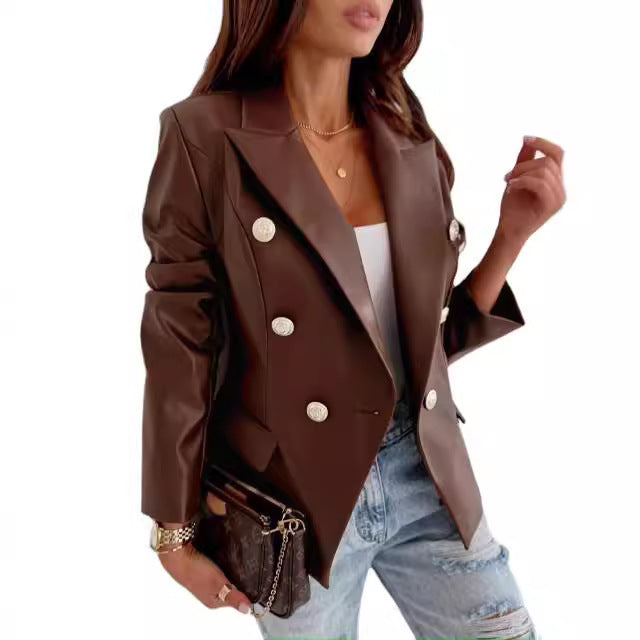 Elegant faux leather blazer for women with double row of buttons Lune London