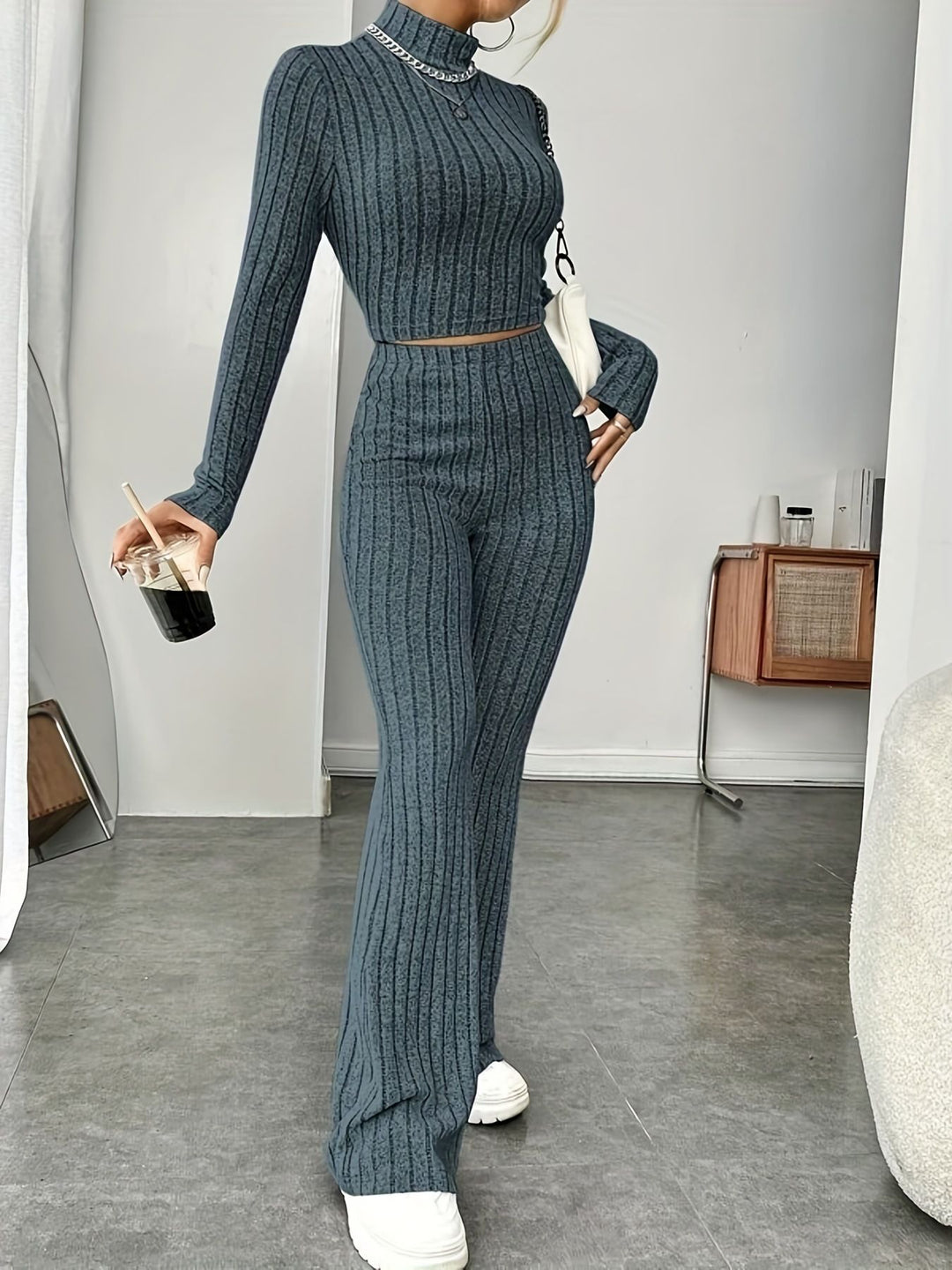 Women Stylish Ribbed Knit Set with 3/4 Sleeves and High Waist Lune London
