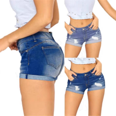 Women's Casual Destroyed Jean Shorts with Rolled Hem Lune London