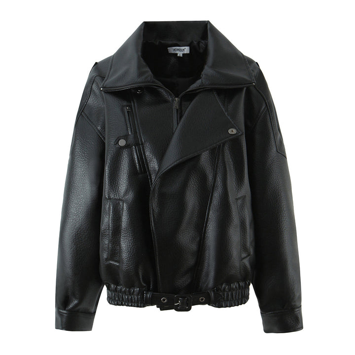 Casual faux leather biker jacket for women with practical pockets and elastic belt Lune London