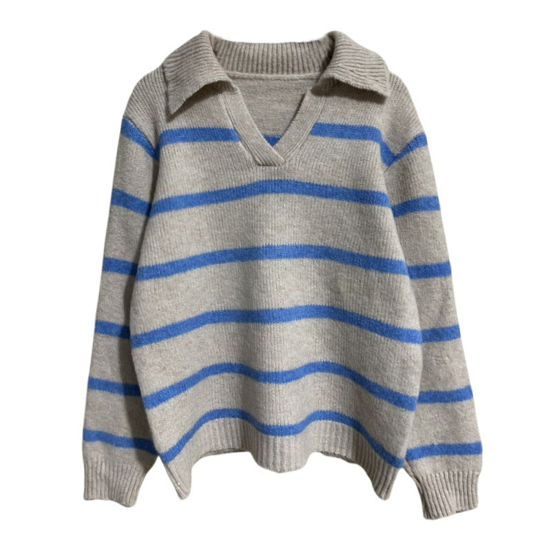 Knit sweater for women with V-neck and textured striped pattern Lune London