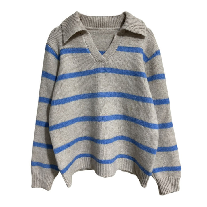 Knit sweater for women with V-neck and textured striped pattern Lune London