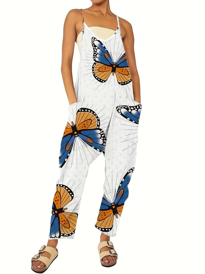 Lady jumpsuit with colorful butterfly pattern and practical pockets Lune London