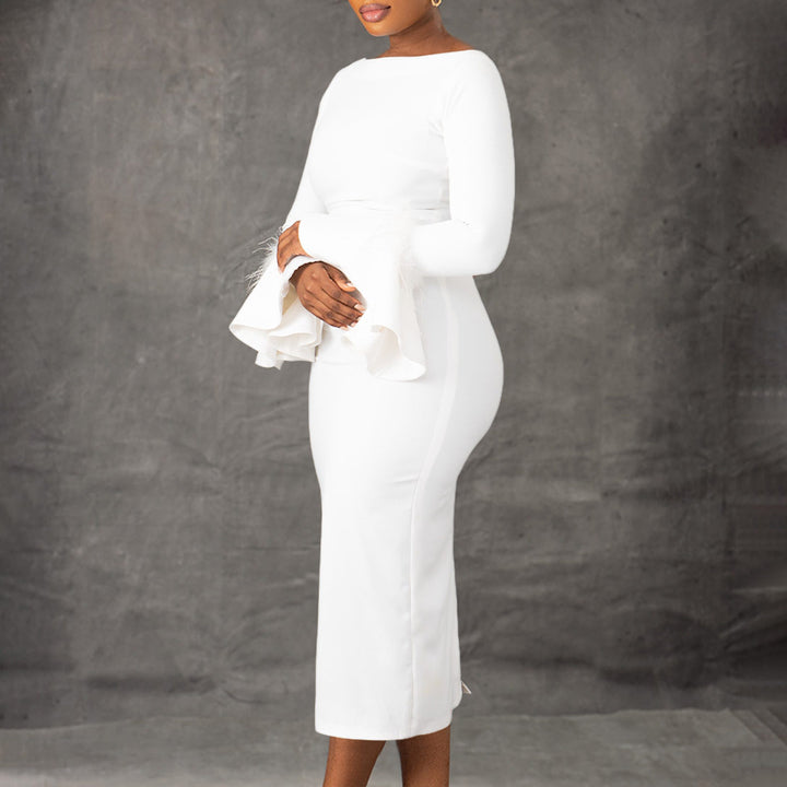 Sheath dress for women with trendy flutter sleeves and faux fur details Lune London