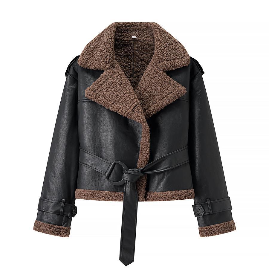 Faux leather jacket for women with teddy lining and adjustable belt Lune London