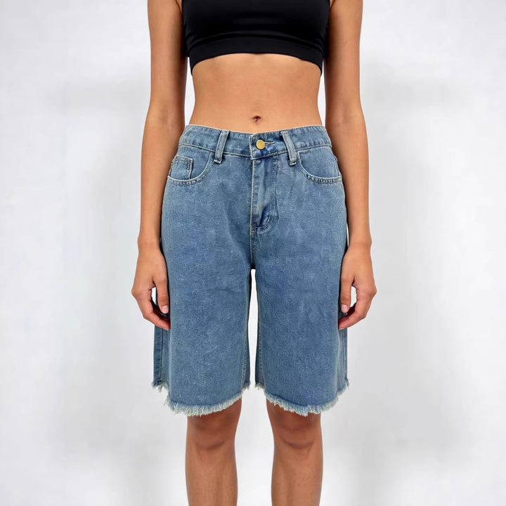 Women's Casual Denim Shorts with Frayed Hem and High Waist Lune London