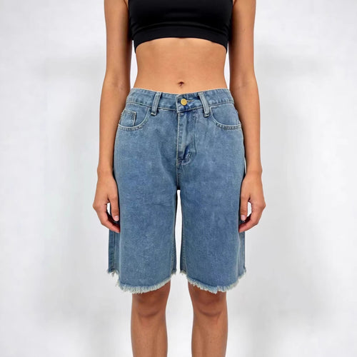 Women's Casual Denim Shorts with Frayed Hem and High Waist Lune London
