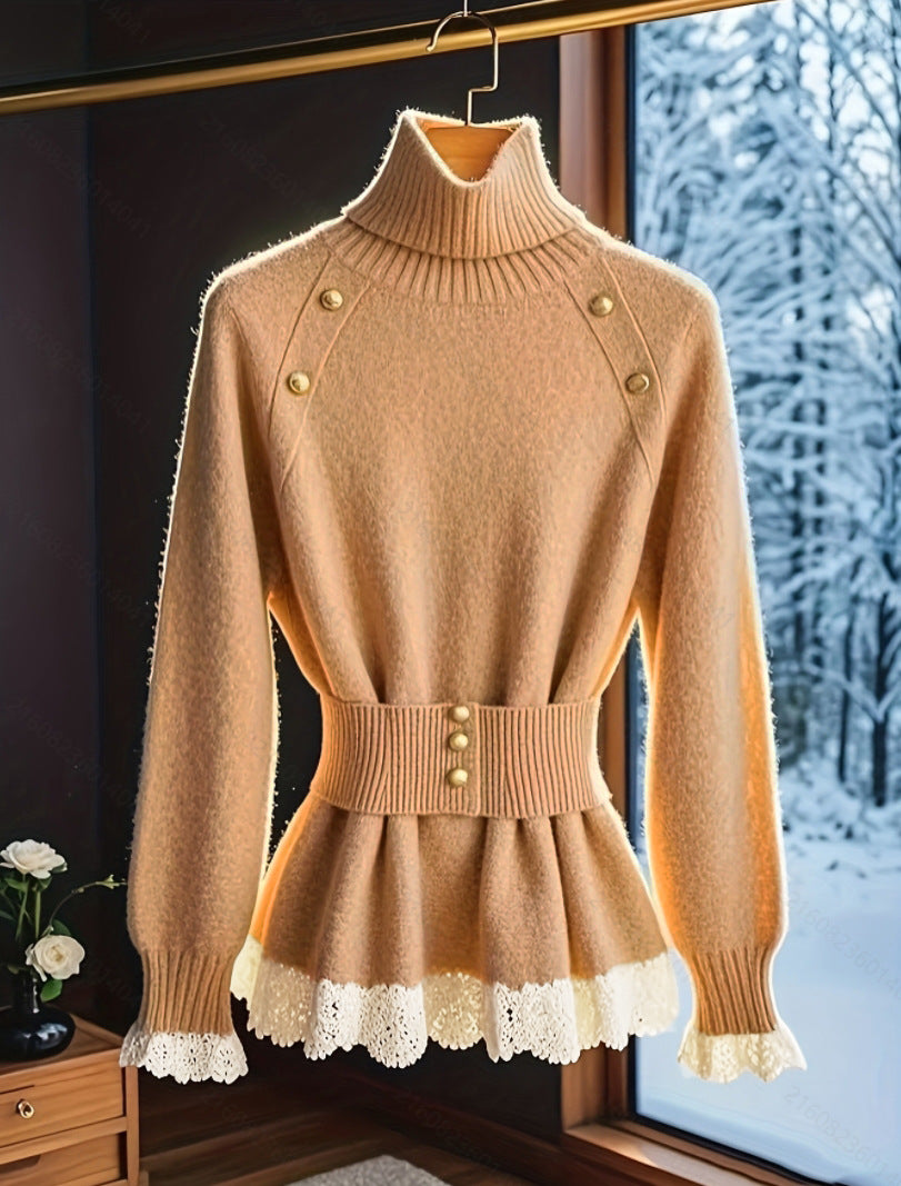 Lune London Elegant knitted sweater for women with high collar and decorative button details