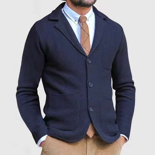 Casual knitted jacket for men with button placket and appliqué pockets Lune London